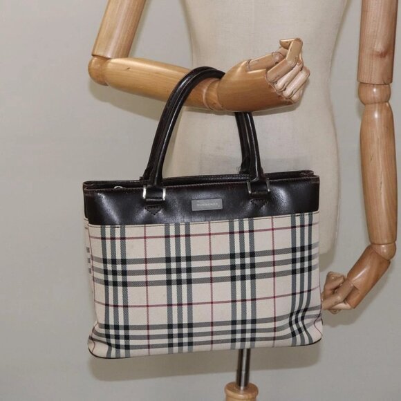 BURBERRY Nova Check Hand Bag Nylon Beige Dark Brown Silver Auth - Picture 1 of 16